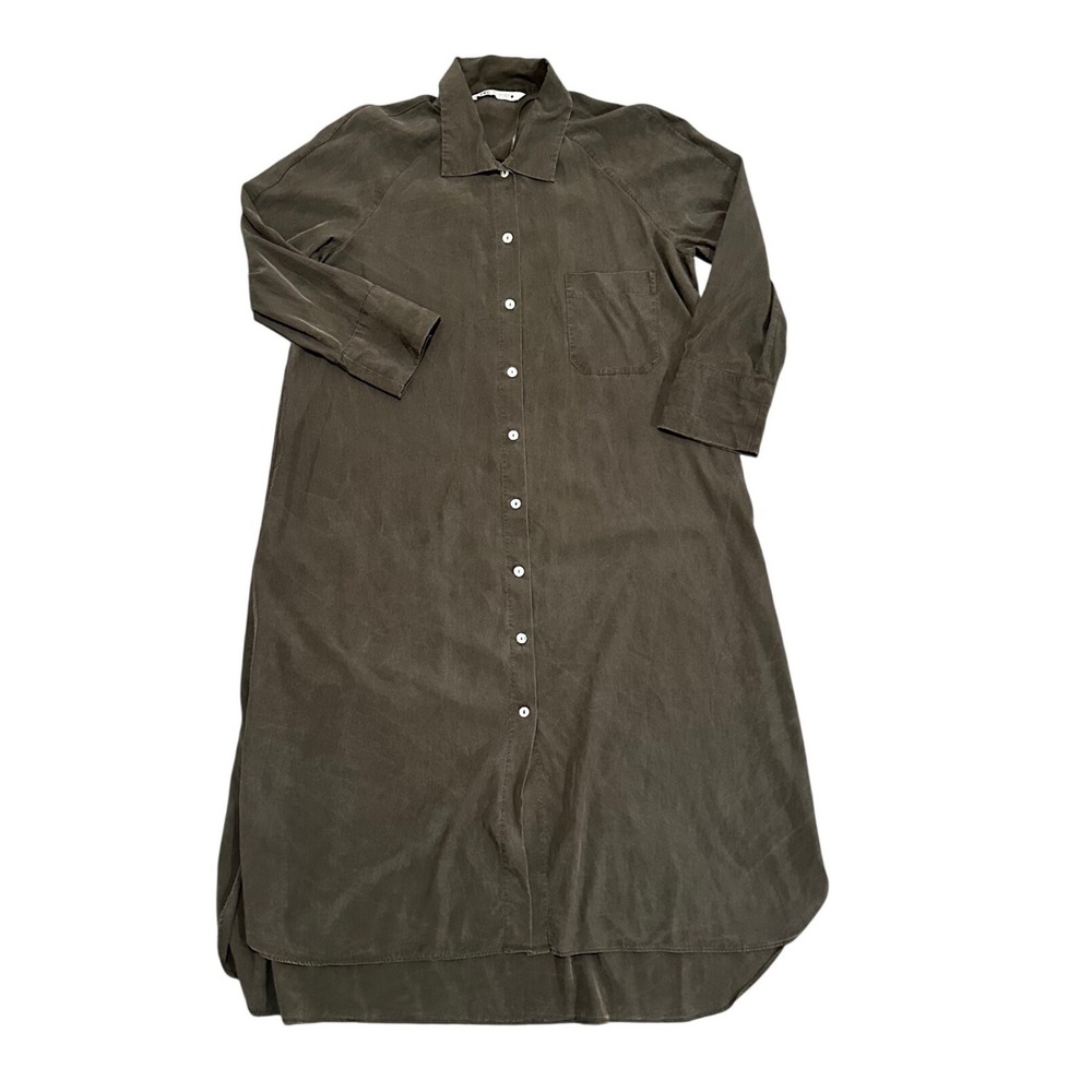 Zara Womens Dark Olive Brown Button Down Shirt Dress Size M Raglan Sleeve Midi
